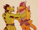 anthro black_horn blush carrying_another duo facial_hair goatee green_body hair horn male muscular muscular_anthro muscular_male purple_hair simple_background tail teeth yellow_body xeoniios activision mythology spyro_reignited_trilogy spyro_the_dragon gunnar_(spyro) rescued_dragons_(spyro) titan_(spyro) dragon mythological_creature mythological_scalie scalie wingless_dragon hi_res