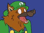 anthro black_nose blue_background brown_body brown_fur clothed clothing cosplay eyebrows fake_mustache fur green_clothing green_hat green_headwear green_shirt green_topwear hat headgear headwear male open_mouth overalls red_tongue shirt shocked simple_background snout solo teeth tongue topwear wide_eyed savy_(artist) mario_bros nintendo luigi sav_(savy) canid canine mammal maned_wolf 2022 4:3 bust_portrait digital_drawing_(artwork) digital_media_(artwork) firealpaca_(artwork) flat_colors hi_res portrait