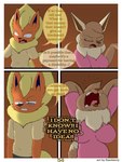 3:4 absurd_res angry anthro big_breasts bodily_fluids breasts brown_body brown_eyes brown_fur canid canine clothing comic dialogue digital_drawing_(artwork) digital_media_(artwork) eevee eeveelution elizabeth_venizee english_text fangs female flamberry_(artist) flareon franklin_flare fur generation_1_pokemon hair hi_res male male/female mammal nintendo open_mouth orange_body pokemon pokemon_(species) screaming simple_background sweat tail teeth text tongue
