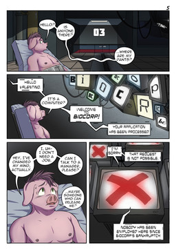 anthro comic_panel computer dialogue electronics greeting male nude nude_anthro nude_male restrained restraints solo speech_bubble text wide_hips alphasabre valentino_(alphasabre) domestic_pig mammal suid suine sus_(pig) comic english_text hi_res