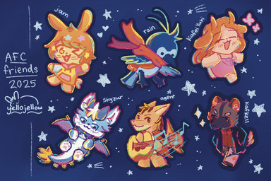 acoustic_guitar anthro black_body black_fur black_nose blue_body bow_ribbon brown_body clothing dot_eyes dress eyes_closed female feral fur gesture guitar hair jacket kemono looking_at_viewer male mostly_nude multicolored_body musical_instrument musical_symbol one_eye_closed orange_body orange_fur orange_hair pawpads paws pink_clothing pink_dress plucked_string_instrument purple_body scarf scarf_only simple_eyes space sparkles spiked_wings star sticker_pack string_instrument symbol topwear waving waving_at_viewer whiskers wings wink winking_at_viewer yellojellow mythology african_wild_dog aquatic avian bird bovid canid canine caprine dragon fish goat heron lagomorph leporid mammal mythological_creature mythological_scalie pelecaniform rabbit scalie shark signature