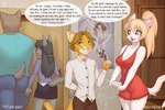 2021 3:2 5_fingers alisa_(iskra) anthro blue_eyes breasts brown_hair cleavage clothed clothing comic dash_ravo deymos digital_media_(artwork) ditter_(iskra) domestic_cat dress english_text eyebrows eyelashes felid feline felis female fingers fur green_eyes grey_body grey_fur group hair iskra jurgen_(iskra) mammal red_clothing red_dress serafima_(iskra) smile text url