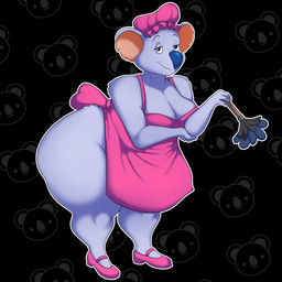 4_fingers abstract_background anthro apron big_breasts big_butt big_ears black_eyes bonnet bottom_heavy breasts butt cleaning_tool cleavage clothed clothing curvy_figure eyelashes feather_duster female fingers footwear fur grey_body grey_fur headgear headwear huge_hips huge_thighs looking_at_viewer mature_anthro mature_female pink_apron pink_clothing pink_footwear pink_shoes shoes smile solo thick_thighs voluptuous voluptuous_anthro voluptuous_female wide_hipped_anthro wide_hipped_female wide_hips oddrich taz-mania warner_brothers constance_(taz-mania) koala mammal marsupial vombatiform 1:1 2025 digital_drawing_(artwork) digital_media_(artwork) hi_res