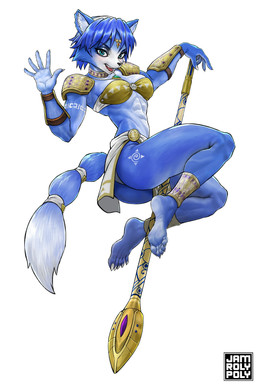 abs anthro armor athletic athletic_anthro athletic_female barefoot blue_body blue_fur blue_hair bottomwear bra butt cheek_tuft clothing countershade_face countershade_torso countershading dipstick_tail facial_tuft fangs feet female female_anthro fur gesture hair inner_ear_fluff loincloth markings nails open_mouth open_smile panties sharp_nails sharp_teeth simple_background smile solo staff tail tail_markings tattoo teeth tuft underwear waving waving_at_viewer white_body white_fur jamrolypoly nintendo star_fox krystal_(star_fox) canid canine fox mammal 2026 absurd_res digital_drawing_(artwork) digital_media_(artwork) full-length_portrait hi_res portrait