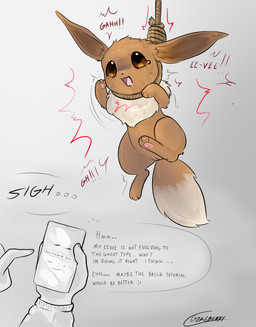 asphyxiation choking dying featureless_chest feet female feral fight flailing flat_chested fluffy fluffy_tail forced genitals gore hanged hindpaw how-to killing loli noose parody pawpads paws rope snuff solo struggling tail text torture tremble_lines vulva wiggle young gorebunny nintendo pokemon eevee generation_1_pokemon pokemon_(species) small_creature absurd_res english_text hi_res