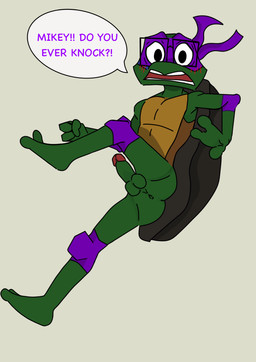 adolescent anthro anus arm_support armwear balls blush blush_lines butt caught_in_the_act clothing dialogue elbow_gloves eyewear feet fist genitals glasses gloves green_body handwear humanoid_genitalia humanoid_penis kerchief knee_pads leaning leaning_backward leaning_on_elbow lying male nude on_back on_side open_mouth penis raised_arm raised_leg shell solo speech_bubble spread_legs spreading toes worried young noiretta teenage_mutant_ninja_turtles donatello_(tmnt) reptile scalie tortoise turtle absurd_res hi_res