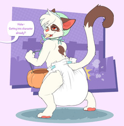 4_fingers ambiguous_gender anthro bib blue_pacifier blush blush_lines bodily_fluids bonnet brown_body brown_ears brown_fur brown_spots brown_tail_tip clothing colored_nails dialogue diaper dipstick_tail dotted_background drooling feces fence fingers food fruit fur green_clothing green_headwear grey_nails halloween_bucket headgear headwear heart_eyes heart_symbol holidays markings nails object_in_mouth open_mouth open_smile pacifier pacifier_in_mouth pattern_background pawpads pink_inner_ear pink_nose plant pooping pumpkin red_pawpads saliva simple_background smile soiled_diaper soiling soiling_diaper solo speech_bubble spots spotted_body spotted_face spotted_fur tail tail_markings teeth text unclean_diaper used_diaper white_body white_diaper white_fur white_tail bubblepuppers halloween myst_(daxter131) domestic_cat felid feline felis mammal 2024 english_text hi_res