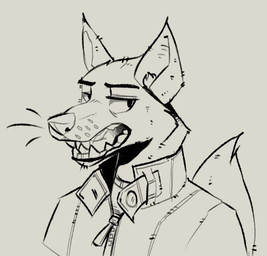 anthro clothed clothed_anthro clothed_male clothing ears_up eyebrows jacket looking_aside male open_mouth shirt solo tail teeth teeth_showing tongue tongue_out topwear mawkvlt max_damage_(furry) canid canine canis mammal wolf headshot_portrait monochrome portrait sketch