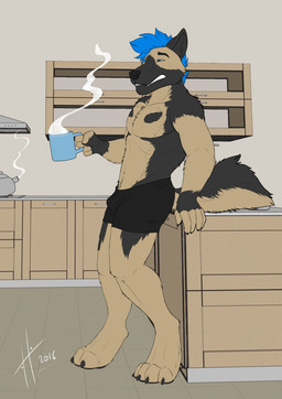 anthro black_body black_bottomwear black_clothing black_eyebrows black_fur black_nose black_tail blue_eyes blue_hair bottomwear bulge clothed clothing container cup eyebrows fangs fur hair holding_container holding_cup holding_mug holding_object inside male male_anthro mug narrowed_eyes short_hair solo steam tail tan_tail teeth topless hufnaar dannycaliforniashepherd canid canine canis domestic_dog german_shepherd herding_dog mammal pastoral_dog 2016 dated hi_res signature