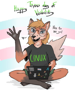 anthro barefoot blonde_hair clothing computer electronics eyewear feet female gesture glasses hair heart_symbol laptop lgbt_pride looking_at_viewer pride_colors smile smiling_at_viewer solo text transgender_pride_colors waving waving_at_viewer ellathefoxy femtanyl international_transgender_day_of_visibility linux token_(femtanyl) xenia_(linux) canid canine fox mammal true_fox english_text hi_res trans_(lore) trans_woman_(lore)