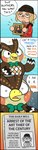 :3 anthro black_border bodily_fluids border bow_tie bow_tie_only brown_hair clothing dialogue duo green_eyes hair holding_object lidded_eyes male mostly_nude nervous newspaper open_mouth red_clothing red_topwear smile snow_cap speech_bubble stuttering sweat text topwear zetrystan animal_crossing mona_lisa_(artwork) nintendo blathers_(animal_crossing) villager_(animal_crossing) human mammal 2020 absurd_res comic english_text hi_res