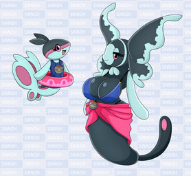 anthro big_breasts black_body black_eyes blue_body breasts clothing duo female legless pokeball pokemorph pool_float smile swimwear urusee584 nintendo pokemon finneon generation_4_pokemon lumineon pokemon_(species) hi_res