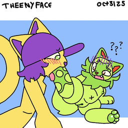 blush bodily_fluids clothing confusion feet foot_fetish foot_in_mouth fur genitals green_body green_eyes green_fur hair hat headgear headwear nipples open_mouth pawpads purple_clothing purple_hair purple_hat purple_headwear purple_inner_ear purple_nose red_eyes saliva tongue vulva theenyface nintendo pokemon butters_(theenyface) domestic_cat felid feline felis generation_9_pokemon mammal pokemon_(species) sprigatito 1:1