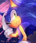 abstract_background anthro black_nose blue_body blue_fur clothing fur gloves green_eyes hand_on_head handwear looking_at_viewer male smile smiling_at_viewer solo text white_clothing white_gloves white_handwear baitong9194 sega sonic_the_hedgehog_(series) sonic_the_hedgehog eulipotyphlan hedgehog mammal digital_drawing_(artwork) digital_media_(artwork) english_text shaded