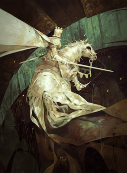 abstract_background ambiguous_gender armor cape clothing crown duo female feral flower headgear helmet holding_melee_weapon holding_object holding_sword holding_weapon horse_armor knight melee_weapon plant plate_armor rear_view saddle sword tail warrior weapon white_body dominik_mayer hasbro magic:_the_gathering wizards_of_the_coast equid equine horse human mammal absurd_res hi_res official_art