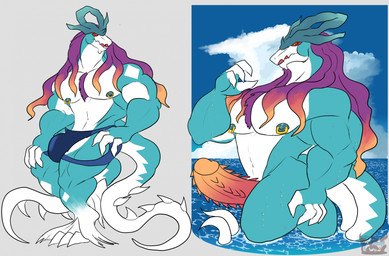 2_tails anthro areola barazoku biceps big_bulge big_muscles big_pecs blue_areola blue_body blue_clothing blue_nipples blue_thong blue_underwear body_hair bulge chest_hair claws clothing cloud diamond_(marking) erection fangs genitals gold_(metal) gold_piercing gradient_penis hair head_crest long_hair looking_at_viewer male markings multi_tail multicolored_penis multiple_poses muscular muscular_anthro muscular_arms muscular_legs muscular_male navel nipple_piercing nipples orange_hair_tips orange_penis pecs penis piercing pose pupils purple_hair red_eyes slit_pupils solo spiked_penis spiked_tail spikes spikes_(anatomy) standing tail tail_markings teeth thick_thighs thong toe_claws triceps underwear water white_body white_markings yellow_sclera daikuhiroshiama nintendo pokemon ancient_pokemon generation_9_pokemon paradox_pokemon pokemon_(species) walking_wake 2026 hi_res