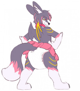 anthro black_nose bottomwear butt claws clean_diaper clothed clothing diaper dipstick_tail female fur gloves_(marking) grey_body grey_fur leg_markings long_tail looking_at_viewer looking_back looking_back_at_viewer markings membrane_(anatomy) membranous_wings padded padding pink_bottomwear pink_clothing pink_skirt plantigrade rear_view simple_background skirt small_wings smile smiling_at_viewer socks_(marking) solo standing tail tail_markings tail_under_skirt wearing_diaper white_background white_body white_fur wing_claws wings yellow_eyes hardscales canid canine hybrid mammal hi_res