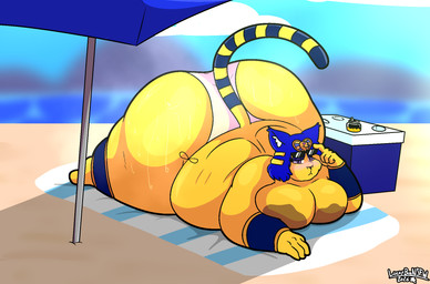 anklet anthro areola beach belly beverage_can big_belly big_breasts big_butt blue_hair blush bottomwear breasts butt clothed clothing cooler crown curvy_figure eyewear female fur gem hair headgear huge_breasts huge_butt jewelry looking_at_viewer male markings obese obese_anthro obese_female overweight overweight_anthro overweight_female overweight_male purple_eyes sea solo stripes summer sunglasses tail thick_thighs topless umbrella voluptuous water wide_hips yellow_body yellow_fur tuffthecat animal_crossing nintendo ankha_(animal_crossing) domestic_cat felid feline felis mammal hi_res