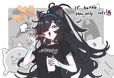 :3 accessory ambiguous_gender bangs black_hair blush blush_lines can cat_food clothing container cute_fangs cutlery eating emanata fangs female female_focus group hair hair_accessory hair_over_eye hairband holding_can holding_container holding_object holding_spoon humor kitchen_utensils long_hair looking_at_viewer markings messy_hair one_eye_obstructed open_mouth pet_food ponytail shirt spoon t-shirt talking_to_self teeth text tools topwear white_body ebora ponos_corp. the_battle_cats basic_cat kasli kasli_the_bane tank_cat animal_humanoid felid felid_humanoid feline feline_humanoid humanoid mammal mammal_humanoid 2024 detailed digital_drawing_(artwork) digital_media_(artwork) english_text hi_res