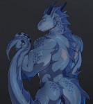 anthro back_muscles big_muscles blue_body blue_scales butt claws fin grey_background holding_tail horn male muscular muscular_anthro muscular_male nude rear_view scales scar sharp_teeth simple_background solo tail teeth yellow_eyes velk mythology dragon mythological_creature mythological_scalie scalie