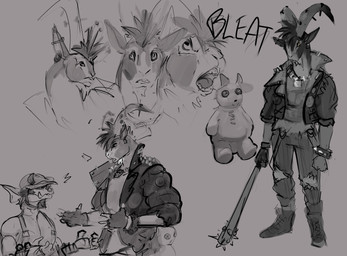 anthro bat_(object) big_horn biped bleating boots clothing duo female footwear holding_baseball_bat horn jacket leather leather_clothing leather_jacket leather_topwear male nailed_bat plushie shoes standing topwear doctordj deadlock_(game) valve billy_(deadlock) ivy_(deadlock) bovid caprine gargoyle goat mammal 2026 absurd_res digital_media_(artwork) greyscale hi_res monochrome