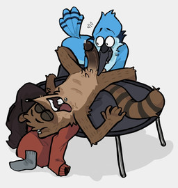 5_fingers anthro balls beak beak_piercing beak_ring blue_body blue_feathers brown_body brown_fur clothes_on_floor clothes_on_ground clothes_on_table duo ear_piercing ear_ring erection eyebrows eyes_closed facial_piercing feathers fingers fur furgonomic_piercing furgonomics furniture genitals grey_background gulp_(sound_effect) humanoid_genitalia humanoid_penis labret_piercing lip_piercing looking_at_genitalia looking_at_penis lying lying_on_table male male/male markings nude nude_anthro nude_male on_back open_mouth penis piercing ring_piercing round_table simple_background sound_effects striped_markings striped_tail striped_tail_feathers stripes table tail tail_feathers tail_markings teeth text tongue tongue_out wide_eyed lemy00n_aid cartoon_network regular_show mordecai_(regular_show) rigby_(regular_show) avian bird blue_jay corvid jay_(bird) mammal new_world_jay oscine passerine procyonid raccoon 2026 colored digital_drawing_(artwork) digital_media_(artwork)