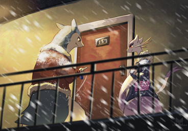 anthro biped bottomwear clothed clothed_anthro clothed_female clothing duo feet female fingers fully_clothed fully_clothed_anthro fully_clothed_female fur male outside rear_view smile snow snowing tail teeth toes tongue topwear tenebscuro nintendo pokemon generation_2_pokemon generation_5_pokemon mienshao pokemon_(species) typhlosion 2025 digital_drawing_(artwork) digital_media_(artwork) hi_res