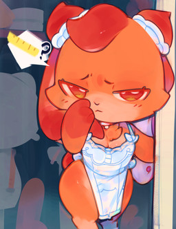 :< anthro apron apron_only bedroom_eyes biped breasts chest_tuft chibi cleavage clothed clothed_anthro clothed_female clothing collar ear_piercing eyebrows eyelashes female female_anthro fingers floppy_ears fur glistening glistening_eyes half-closed_eyes head_tuft looking_at_viewer lop_ears mouth_closed narrowed_eyes orange_body orange_fur piercing question_mark ruler seductive solo speech_bubble standing stud_piercing tailor tuft white_speech_bubble ligma_(artist) lagomorph leporid mammal rabbit 2026 digital_media_(artwork) hi_res portrait three-quarter_portrait