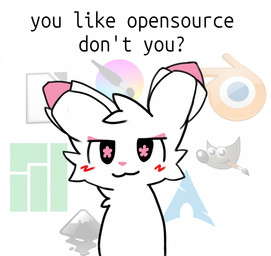 ambiguous_gender anthro blush blush_lines double_bun eyeshadow hair hair_bun logo looking_at_viewer makeup pink_eyeshadow simple_background smile smiling_at_viewer solo text lemgrum arch_linux blender_(copyright) boy_kisser_(meme) gimp_(copyright) krita_(copyright) libre_office linux manjaro kiki_the_cyber_squirrel wilber_(gimp) domestic_cat felid feline felis mammal digital_media_(artwork) english_text hi_res krita_(artwork) meme