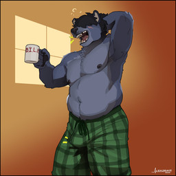 anthro armpit_hair belly black_hair black_nipples black_nose body_hair bulge clothed clothing container cup erection erection_under_pants fur grey_body grey_fur hair hair_over_eyes male male_anthro mug nipples open_mouth pajamas pecs slightly_chubby solo teeth tongue topless topless_anthro topless_male window yawn mainlinemojo sneaky_bear bear mammal 2024 absurd_res hi_res signature