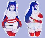 ahoge anthro big_breasts blep blue_eyes blue_hair blue_horn blue_markings blue_nipples blue_tongue breasts butt clothing ear_markings ears_down facial_markings female floppy_ears fur fur_trim_armwear fur_trim_legwear g-string genitals gloves hair handwear head_markings heart_symbol holidays holly_(plant) horn legwear long_hair looking_at_viewer looking_back looking_back_at_viewer markings narrowed_eyes nipples one_eye_closed partial_nudity pivoted_ears plant presenting presenting_pussy pussy simple_background solo tail teasing thigh_highs tongue tongue_out underwear white_body white_fur white_tail wide_hips wink winking_at_viewer nokara christmas mirzam_izana bovid caprine goat mammal absurd_res hi_res