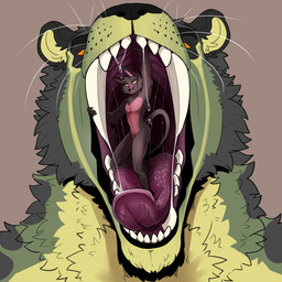 anthro big_fangs bodily_fluids brown_body brown_fur dripping duo extreme_size_difference fangs front_view fur green_body green_fur imminent_vore in_mouth male male_anthro mouth_play mouth_shot narrowed_eyes nude open_mouth open_smile orange_eyes red_body red_fur saliva saliva_drip saliva_string simple_background size_difference slim_anthro slim_male smile standing teeth whiskers yellow_eyes swampjaws swamp_jaws_(imperatorcaesar) felid mammal 1:1 hi_res