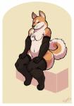 >_< ambiguous_gender anthro armwear biped border clothing elbow_gloves eyes_closed gloves handwear legwear navel simple_background sitting smile solo thigh_highs white_border dusty-pixels canid canine canis domestic_dog mammal shiba_inu spitz 2014 absurd_res hi_res