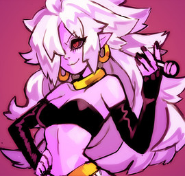breasts candy clothed clothing colored_nails dessert ear_piercing ear_ring female food humanoid_pointy_ears lollipop nails not_furry one_eye_obstructed piercing pointy_ears red_eyes ring_piercing simple_background solo hopebiscuit dragon_ball dragon_ball_fighterz android_21 majin_android_21 humanoid