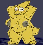 anthro areola big_areola big_breasts big_nipples blush breasts eyelashes eyewear female genitals glasses navel nipples nude presenting pussy short_stack slightly_chubby solo standing tail yellow_body the_weaver undertale undertale_(series) alphys lizard monster reptile scalie digital_media_(artwork) full-length_portrait portrait