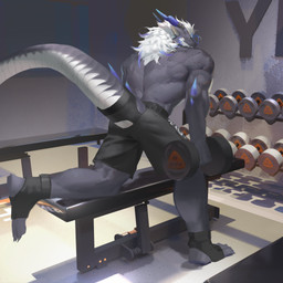 anthro black_bottomwear black_clothing black_shorts blue_eyes blue_horn bottomwear clothed clothing ear_piercing ear_ring exercise grey_body grey_tail hair horn inside male messy_hair mouth_closed muscular muscular_anthro muscular_male piercing ring_piercing shorts solo tail topless weightlifting white_body white_hair white_tail workout awaldkize mythology dragon mythological_creature mythological_scalie scalie 1:1 absurd_res hi_res