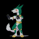 1:1 animated anthro claws dancing digital_media_(artwork) feet fur gold_(metal) gold_jewelry green_body green_fur heressic hi_res jewelry jorm male mammal markings necklace nude sergal short_playtime smile solo tail teeth toe_claws white_body white_fur