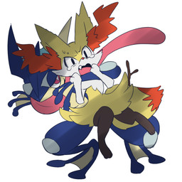 2_toes 3_fingers 3_toes ambiguous_anthro ambiguous_gender anthro arm_tuft biped black_body black_eyes blue_body bodily_fluids cheek_tuft chest_tuft cute_fangs digitigrade dipstick_tail duo dutch_angle facial_tuft fangs feet fingers front_view fur hip_tuft holding_another inner_ear_fluff markings multicolored_body multicolored_fur nude_ambiguous nude_anthro object_in_tail open_mouth orange_body orange_fur orange_inner_ear_fluff orange_nose orange_tail_tip pointy_ears prick_ears red_eyes shoulder_tuft simple_background standing stick stick_in_tail surprised tail tail_markings tapering_snout tears teeth toes tongue tongue_out tuft two_tone_tail white_background white_body white_fur yellow_body yellow_fur yellow_tail melt_(artist) nintendo pokemon amphibian braixen canid generation_6_pokemon greninja mammal pokemon_(species) 1:1 2016 colored digital_drawing_(artwork) digital_media_(artwork) shaded source_request unavailable_at_source