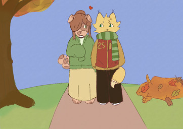 anthro autumn cozy duo female leaf male male/female romantic romantic_couple simple_background tail tail_motion tailwag flipfloof kenny_(tine) molly_(floris) canid canine felid feline mammal