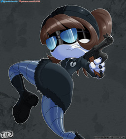 armor boots brown_hair butt clothed clothing eyewear female fingers footwear glasses gun hair hat headgear headwear helmet looking_back machine not_furry ponytail ranged_weapon screen_eyes shoes simple_background solo text unnamed_detective_drone weapon white_body jackintaro glitch_productions murder_drones unnamed_character android humanoid robot robot_humanoid worker_drone absurd_res digital_media_(artwork) hi_res url