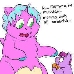 1_horn ambiguous_feral ambiguous_gender baby_talk blue_hair blue_hooves crotch_breasts dialogue duo eye_contact eyelashes female female_feral feral frown fur green_eyes hair holding_object holding_toy hooves horn looking_at_another multicolored_hair open_mouth pink_body pink_fur pink_hair purple_body purple_fur purple_hair purple_hooves red_eyes sad simple_background spiral_horn text tongue toy toy_block two_tone_hair white_background wings young young_ambiguous young_feral squeegull fluffy_pony mythology equid equine fluffy_pony_(species) mammal mythological_creature mythological_equine winged_unicorn 1:1 2025 absurd_res comic digital_media_(artwork) english_text flat_colors hi_res