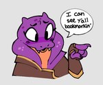 2_horns anthro big_eyes black_eyes brown_clothing brown_fingerless_gloves brown_gloves brown_handwear brown_topwear claws clothed clothing dialogue eyelashes fangs female finger_claws fingerless_gloves front_view gesture gloves grey_background hand_gesture handwear horn multicolored_body no_pupils open_mouth pointing purple_body purple_scales scales simple_background snake_hood snout solo speech_bubble tan_body teeth text toony topwear two_tone_body shoobular keeshee cobra reptile scalie snake 2025 bust_portrait digital_media_(artwork) english_text portrait