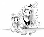 burger duo female feral food horn messy_eater simple_background wings silfoe friendship_is_magic hasbro my_little_pony mythology princess_luna_(mlp) twilight_sparkle_(mlp) equid equine mammal mythological_creature mythological_equine winged_unicorn absurd_res hi_res monochrome