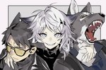 animal_ears black_clothing black_jacket black_topwear clothing eyewear facial_scar fangs female fur glasses grey_body grey_fur group hair jacket male open_mouth scar teeth topwear trio wearing_glasses white_hair sin_(hankotsu_bunny) arknights hypergryph studio_montagne capone_(arknights) gambino_(arknights) lappland_(arknights) canid canine canis mammal wolf