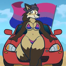 anthro beach beanie bikini bisexual_pride_colors bisexual_pride_pattern_bikini blue_eyes brown_body brown_fur brown_tail_tip car clothing dipstick_tail female fur grey_beanie grey_clothing grey_hat grey_headwear hat headgear headwear heart_(marking) heterochromia leaning_on_car leg_markings lgbt_pride looking_at_viewer markings navel outside pride_color_bikini pride_color_clothing pride_color_flag pride_color_swimwear pride_colors red_eyes sand sea smile smiling_at_viewer socks_(marking) solo swimwear tail tail_markings tan_body tan_fur two-piece_swimsuit vehicle water stratica lgbt_pride_month canid canine fox hybrid mammal 2026 absurd_res digital_media_(artwork) english_description hi_res