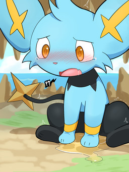 bodily_fluids confusion embarrassed feral fur genital_fluids interrobang looking_down male no_genitals null omorashi open_mouth outside peeing saliva shaking sitting solo trembling urine urine_pool watersports wet wetting young young_feral young_male milklemon5127 nintendo pokemon pokemon_mystery_dungeon spike_chunsoft generation_4_pokemon pokemon_(species) shinx 3:4 hi_res