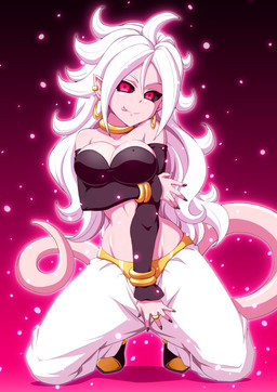 bare_shoulders breasts cleavage clothed clothing ear_piercing female hair humanoid_pointy_ears jewelry long_hair not_furry piercing pink_body pink_skin pointy_ears red_eyes solo tongue white_hair z26 dragon_ball dragon_ball_fighterz android_21 majin_android_21 alien alien_humanoid humanoid majin 2018
