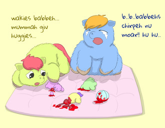ambiguous_feral ambiguous_gender baby_talk ball bisected black_eyes blonde_hair blood blood_from_wound blue_body blue_fur bodily_fluids corpse cross_section crying death dialogue exposed_muscle feral fur gore green_body green_fur grief grotesque_death group guts hair hand_on_butt hooves intestines lying monotone_body monotone_fur mutilation neonate on_front organs pink_body pink_fur pink_hair sad severed_arm severed_body_part severed_limb tears text toy wounded yellow_body yellow_fur young young_ambiguous young_feral carpdime fluffy_pony fluffy_pony_(species) mammal digital_media_(artwork) english_text