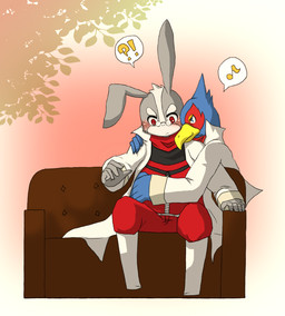 anthro blue_body blue_feathers blush clothed clothing duo feathers furniture hug male male/male sofa altomio nintendo star_fox falco_lombardi peppy_hare avian bird hare lagomorph leporid mammal