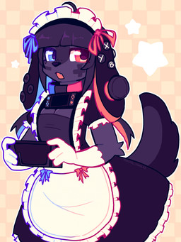 anthro armwear bangs black_body black_fur black_hair black_nose blue_eyes breasts cleavage clothed clothing collar dress eyelashes female fur hair heterochromia maid_apron maid_headdress maid_uniform open_mouth red_eyes simple_background solo tail uniform white_armwear white_clothing kingsillysmilez nintendo nintendo_switch_2 canid canine canis domestic_dog mammal 2025 colored digital_drawing_(artwork) digital_media_(artwork) flat_colors hi_res